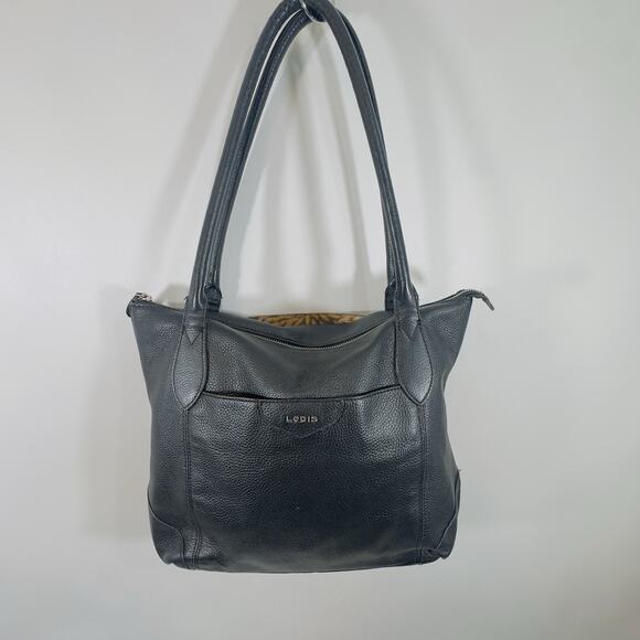 Lodis Siera Purse Genuine Black Leather Tote Bag, Luggage Pass-Through on Back - Picture 2 of 14
